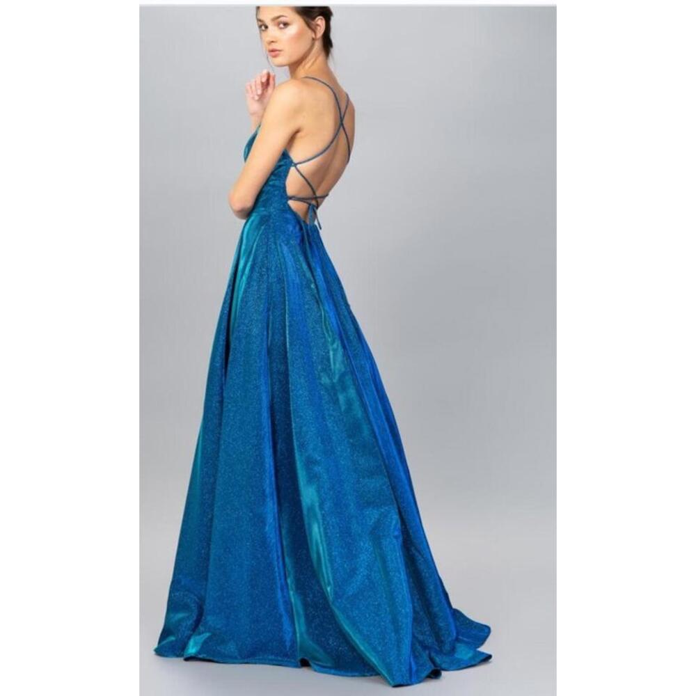 EUREKA - METALLIC BLUE WOMEN'S BALLGOWN SCOOP NECKLINE SIDE SLIT XS  #03 - Picture 2 of 10